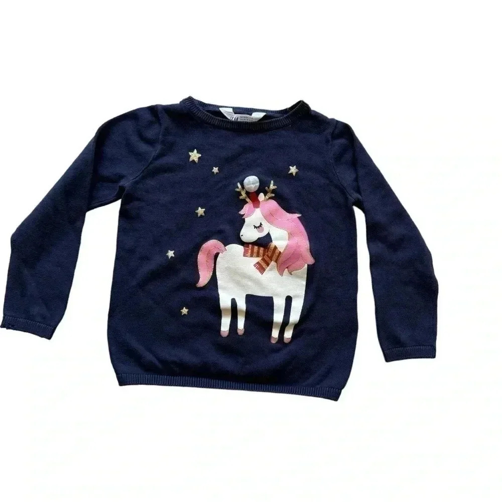 H& M Unicorn Algodon Navy Pink White Long Sleeves Knit Sweater SZ 2-4 #2085